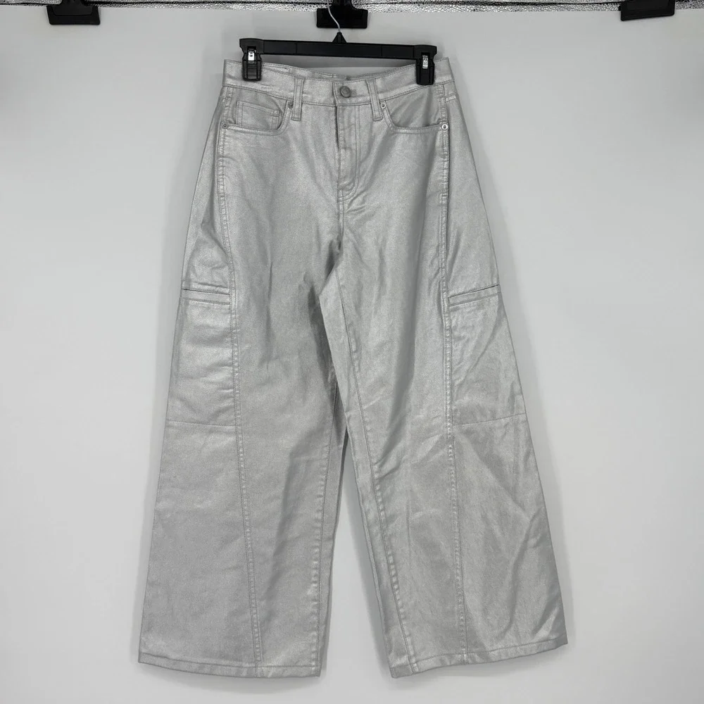 DKNY Jeans Silver Metallic Wide Leg Cargo‎ Pants Size 26 Y2K